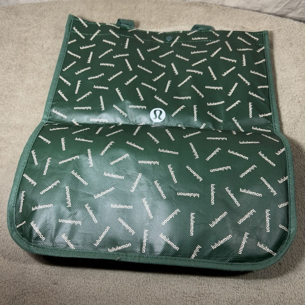 lululemon Reusable Shopping Tote 16' Bag Green All Over Logo Recycled Foldable